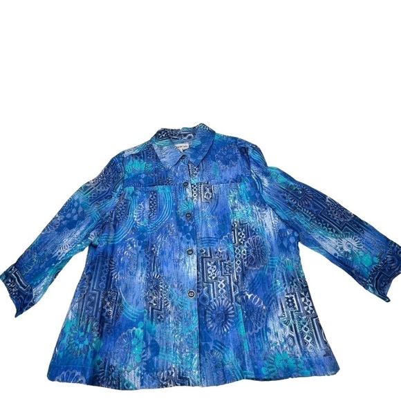 SOUTHERN LADY Aqua Blue Floral Long Sleeve Button Down Blouse Jacket Size L - Picture 6 of 16